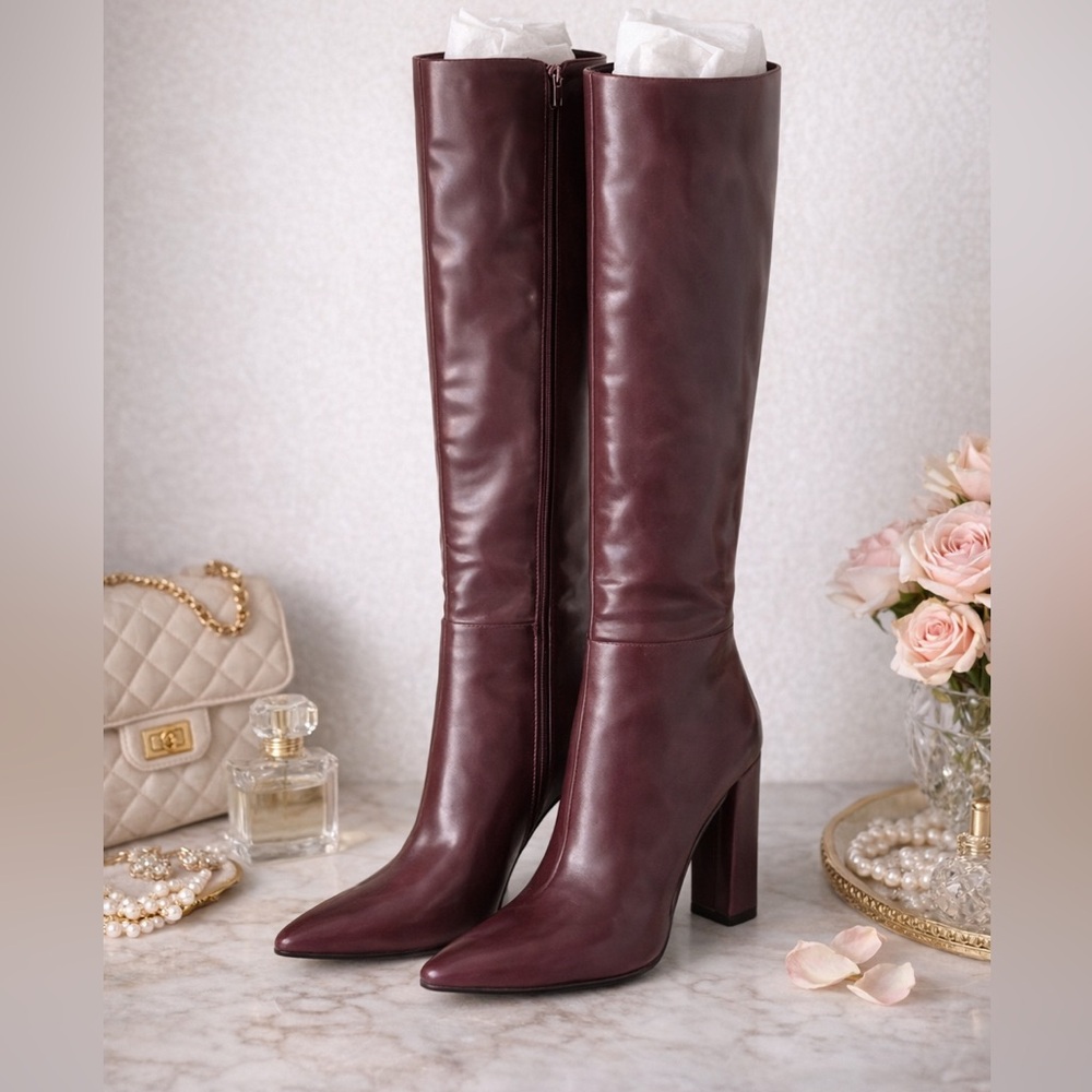 H&M Burgundy Knee High Heeled Boots | Pointed Toe | Size 40
